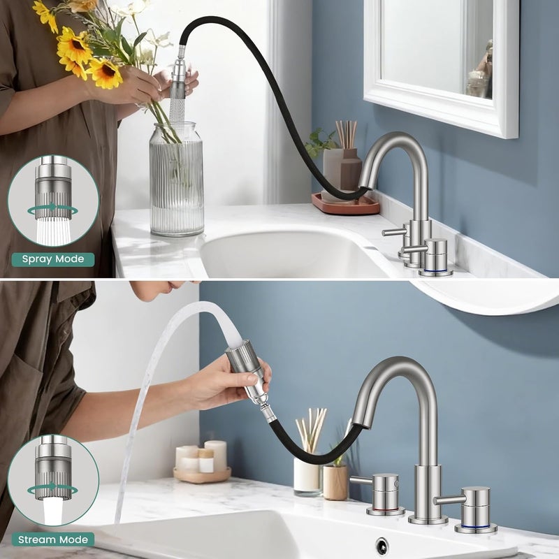 IUERASD Brushed Nickel Pull Down Bathroom Faucet 3 Hole with Pop Up Drain, Bathroom Sink Faucet with Pull Down Sprayer 2 Modes, 8 inch Widespread Gold Faucet for Bathroom Sink, 2 Handle Vanity Faucet - Image 3
